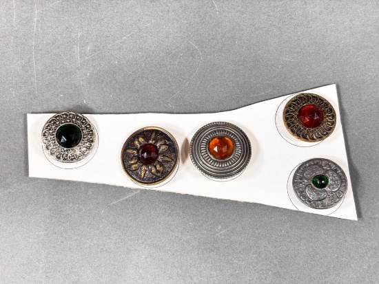 Set of Five antique Metal Buttons with Faceted Glass Insets
