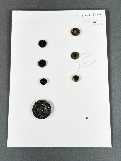 Set of Six Black Glass Buttons with Metal Mounts