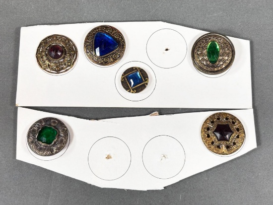 Group of 6 vintage Metal Buttons with Colored Glass Insets Gay 90s Jeweled