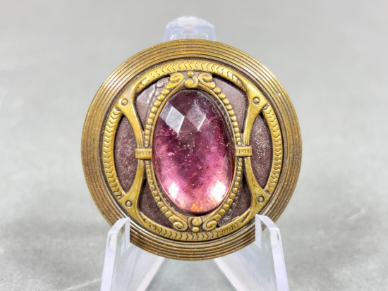 Round Antique Metal Button with Purple Glass Stone