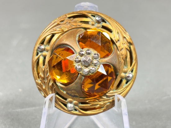 Victorian Brass Button with Amber-Colored Glass Stones