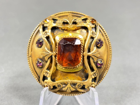 Victorian Gilt Metal Button with Glass Stone Gay 90s Jeweled