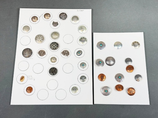 Group Lot of Vintage Buttons Including Sterling Silver, Native American, Coins, Concho