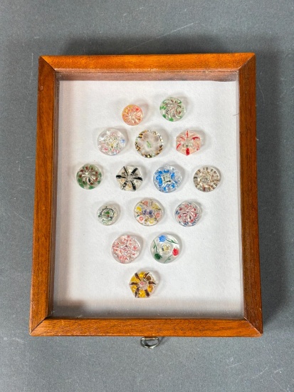 Group lot of Fancy Antique Glass Buttons Painted Backs in Frame