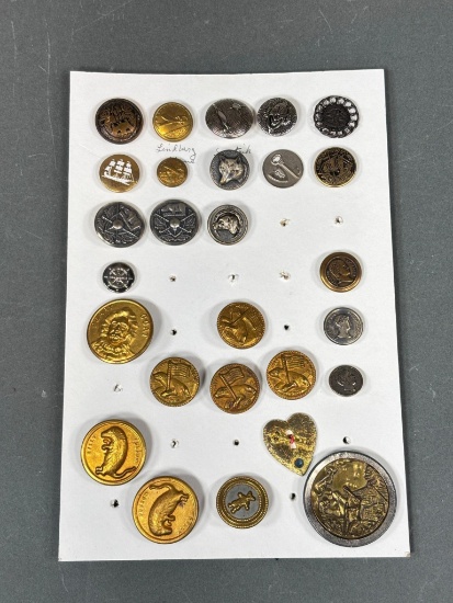 Card of Vintage Buttons with Various Subjects, Sports, Animals
