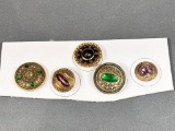 Collection of Five Metal and Glass Embellished Victorian Gay 90s Buttons