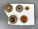 Set of Five Antique Brass and Metal Buttons with Faceted Glass Stones