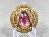 Round Antique Metal Button with Purple Glass Stone