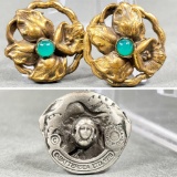 Three Antique Buttons Including Leaves with Green Stone, Battersea Pewter