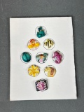 Group Lot of 9 Unusual Figural Arita buttons Ceramic in Frame