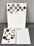 Group Lot of Antique Buttons 19th c Drums, Fabric Backed Perfume, Damascene