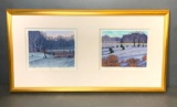 Gordon Mortensen (b. 1938) Diptych Reduction Woodcut Print, Sunset and Snowy Meadow. 1984