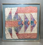 Painted Pressed Paper Mixed Media Artwork with Fish, Signed