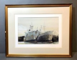Original Framed Watercolor Painting, Harbour Fog With Ships