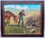 Antique Frederic Burnett Oil Painting Western Indian War Cavalry Trooper