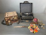 Vintage Corona Junior Portable Typewriter, Crystal Executive CB Radio, Fishing Reels, Two Knives