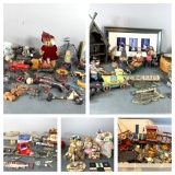 Group Lot of Antique Toys, Wood Cabin Type Decorations, Teddy Bears, Board Games and More