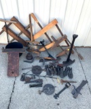 Group Lot of Primitive Antique Cast Iron Cobbler Shoe Forms, Tools, Carpenter's Clamps, Cauldron