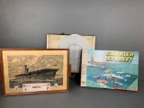 Print of the USS Savo Island Honoring Service Member, Carrier Strike Game, and Chalkboard
