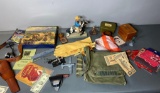 Vintage Cowboy and Military Theme Items Including Holster, Cowboy Figure, Military Bag, and More
