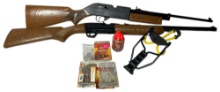 A Collection of Two Crosman Pump Action Air Rifles with One Slingshot and Ammunition