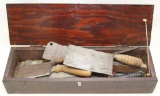 wood box with asstd meat cleavers and butcher