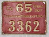 1927 PA metal hunting license Co. 65