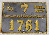 1929 PA metal hunting license Co. 7