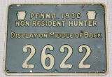 1930 Non Resident PA metal hunting license