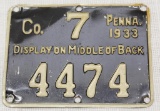 1933 PA metal hunting license Co. 7