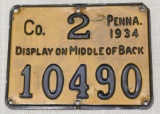 1934 PA metal hunting license Co. 2