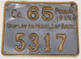 1935 PA metal hunting license Co. 65