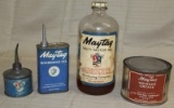 4 Maytag oil containers, 1 qt. bottle, half pint