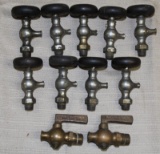 9 nickeled drain valves w/wooden knobs, 2 brass