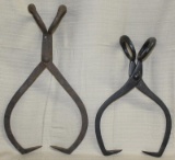 2 ice tongs, left stamped Bodenstein & Co.