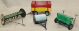 Tin litho Grain Drill, 4 wheel trailer, dump rake,