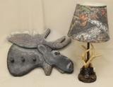 Wood carved moose coat/hat rack & Mossy Oak faux