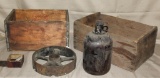 wooden crate & box, iron flat pulley, brown