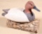 D.R.D marked canvasback decoy on log