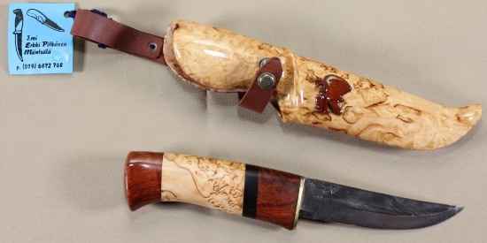 MErkki-tuote custom fixed blade knife with approx 4.25" blade in beautiful Burlwood maple sheath