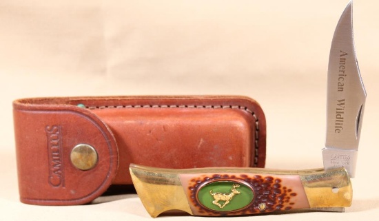 Camillus American Wildlife series Running Buck #11, 3.5" blade, folding knife in leather sheath