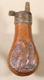 Embossed copper revolver size flask with Eagle Clutching Revovler & Flask both sides of body,