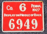 1927 Pennsylvania Resident hunter's license, metal