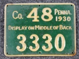 1930 Pennsylvania Resident hunter's license, metal