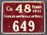 1931 Pennsylvania Resident Hunter's license, metal