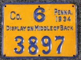 1934 Pennsylvania Resident Hunter's license, metal