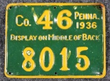 1936 Pennsylvania Resident Hunter's license, metal