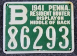 1941 Pennsylvania Resident Hunter's license, metal