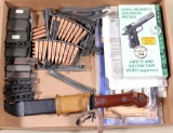 unmarked AK47 bayonet w/bakelite handle, hilt has import mark; asstd 7.62x39 ammo & strippers,