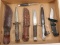 Flat lot of leather handled and other knives,  fixed and folding, 5 total sold as one lot.